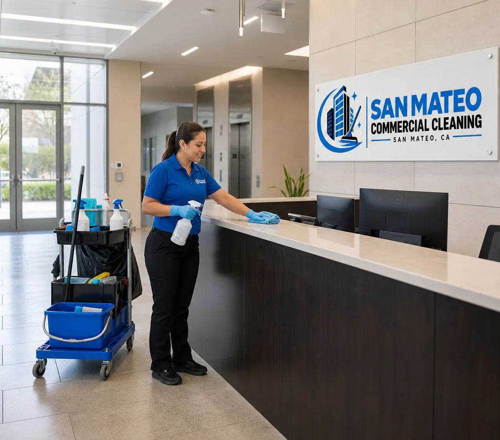 Uniformed commercial cleaner sanitizing high-touch points in a modern San Mateo office lobby