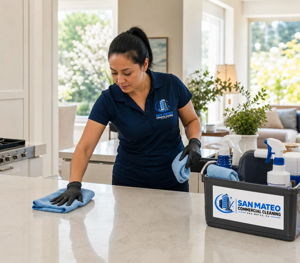 Cleaner wiping a commercial break-room counter with microfiber cloths and labeled supplies