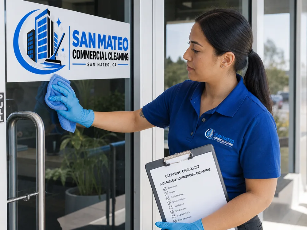 Cleaner wiping fingerprints from a glass entry door and metal handle with a checklist visible in a San Mateo commercial lobby